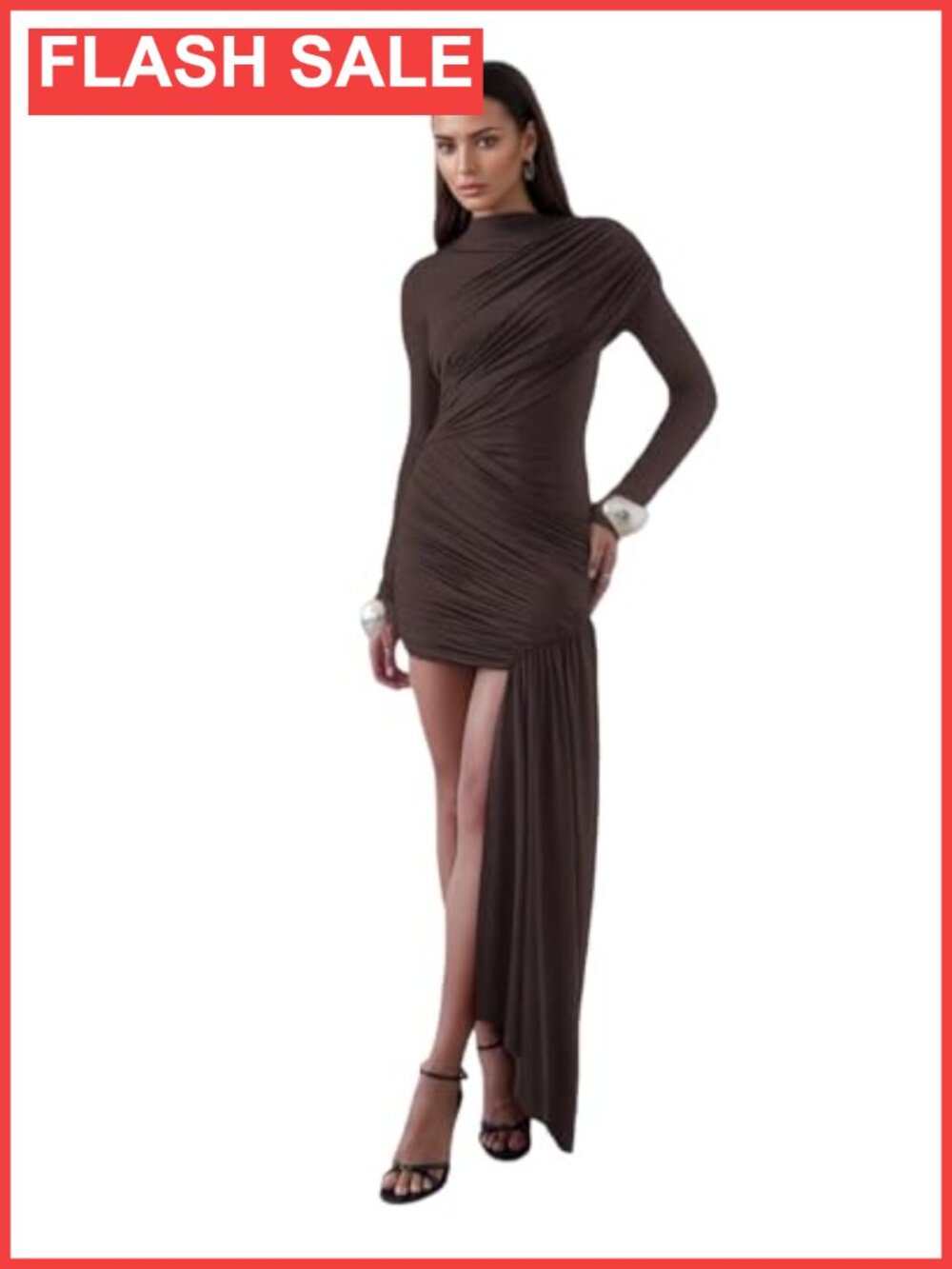 Elegant Ruched Mini Dress Asymmetric Sleeve Mock Neck Bodycon Cocktail